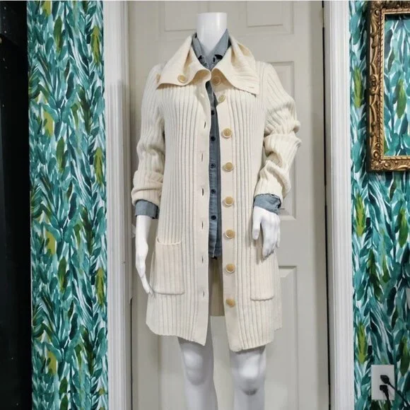 Banana Republic Italian Wool Cardigan L Ribbed Lagenlook Woolblend Preppy - Picture 3 of 11